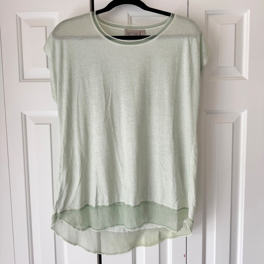 Dantelle Mint Green Sheer Pleated Trim High Low Slub‎ Knit Top Large Womens